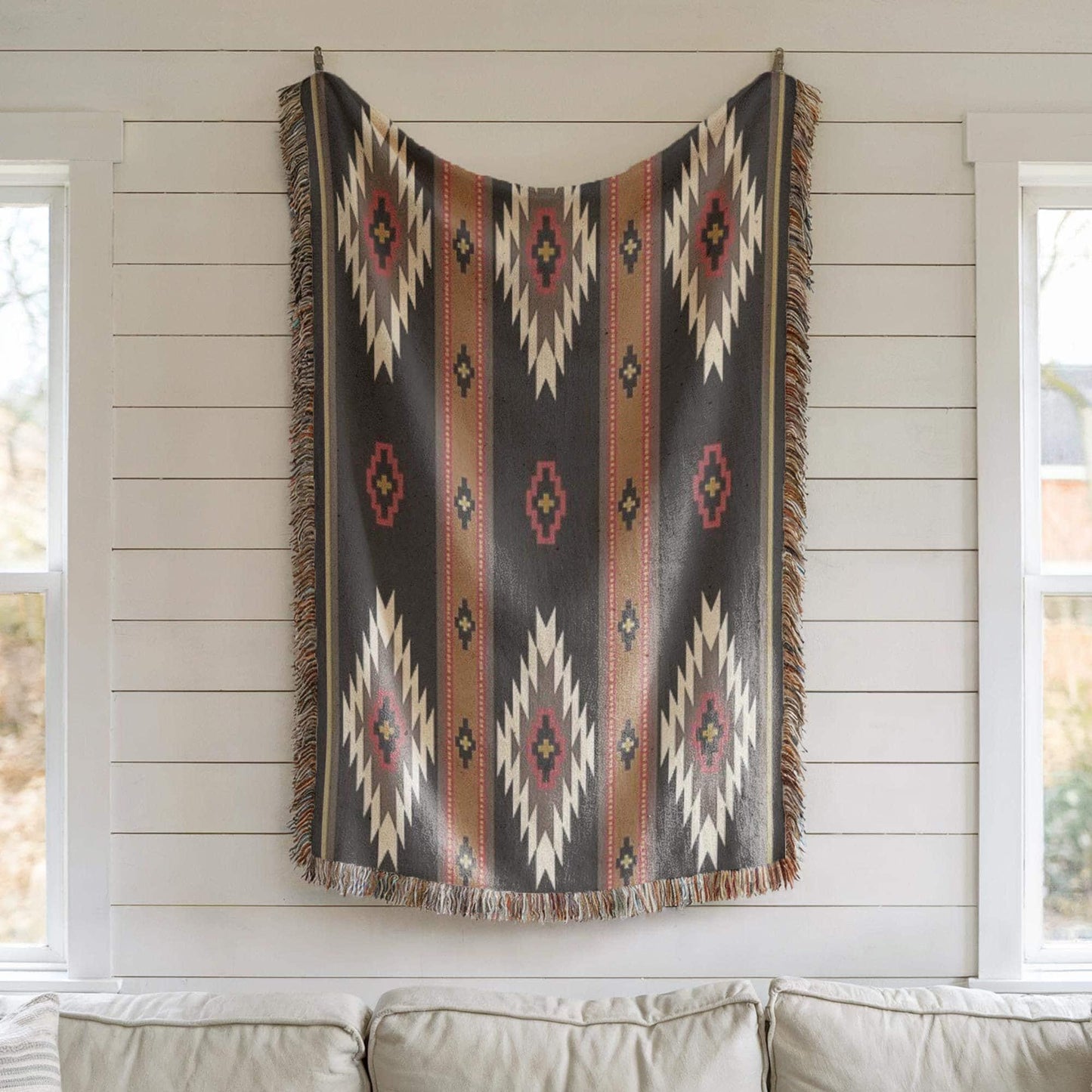 Southwestern woven wall tapestry with geometric pattern styled as textile wall decor