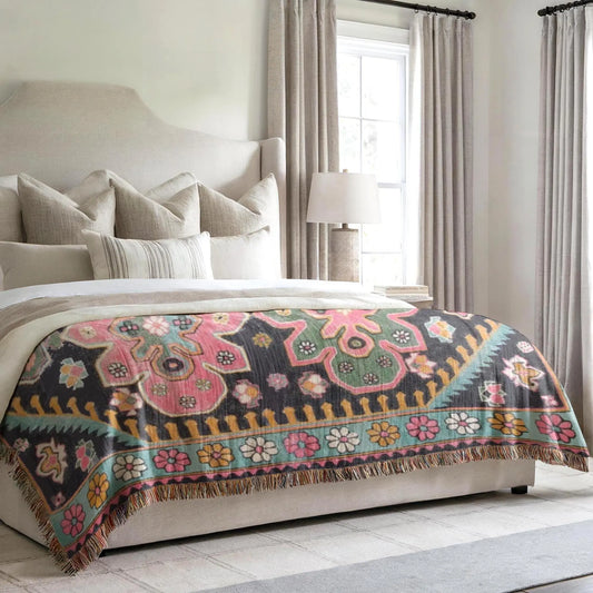 Cotton Throw Blanket – Vintage Turkish Rug Floral Bedspread with Colorful Fringed Edges