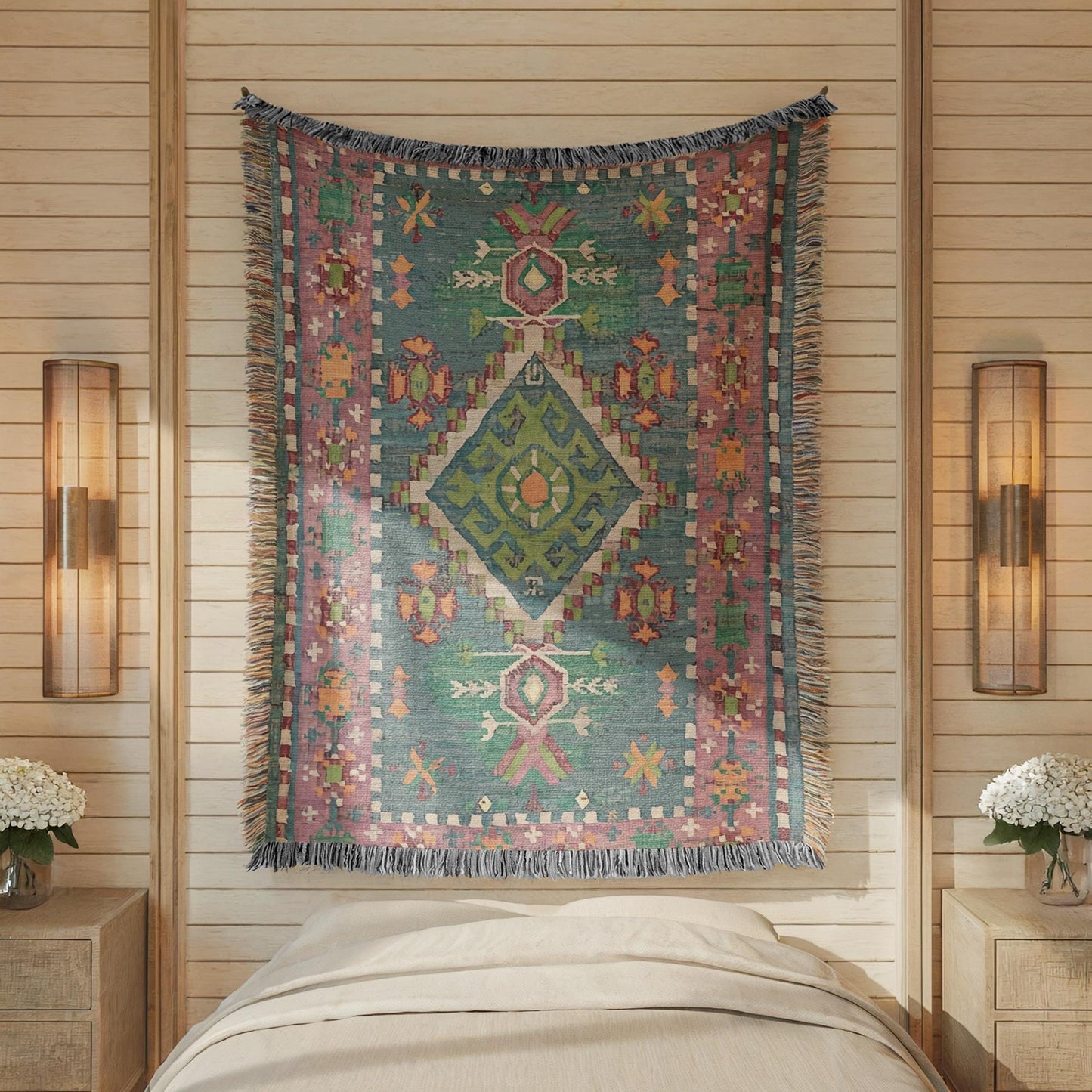 Moroccan Inspired woven blanket with woven pattern styled for layered home decor