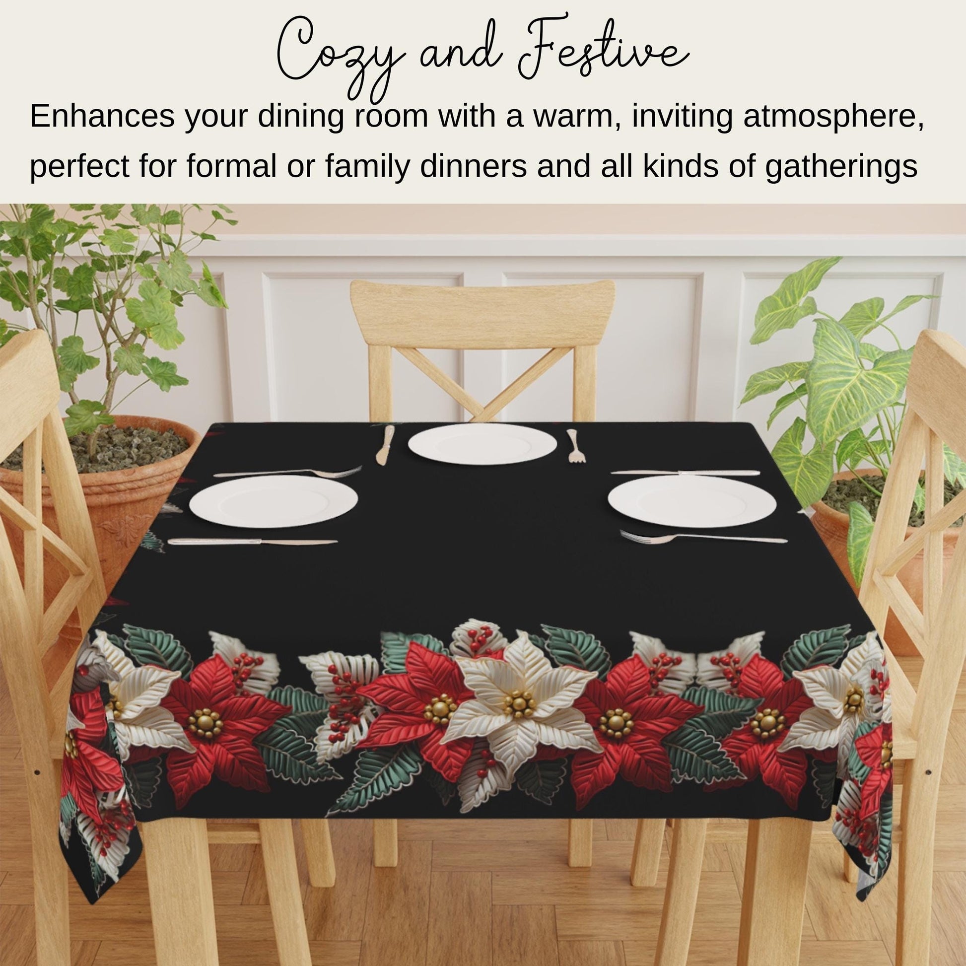 Holiday Tablecloth – Classic Christmas Linen with Poinsettia Pattern, Durable Polyester Fabric