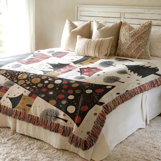 Christmas Village Throw – Cozy Cotton Holiday Bedding With Festive Folk Art Blanket - timelessbohochic.com