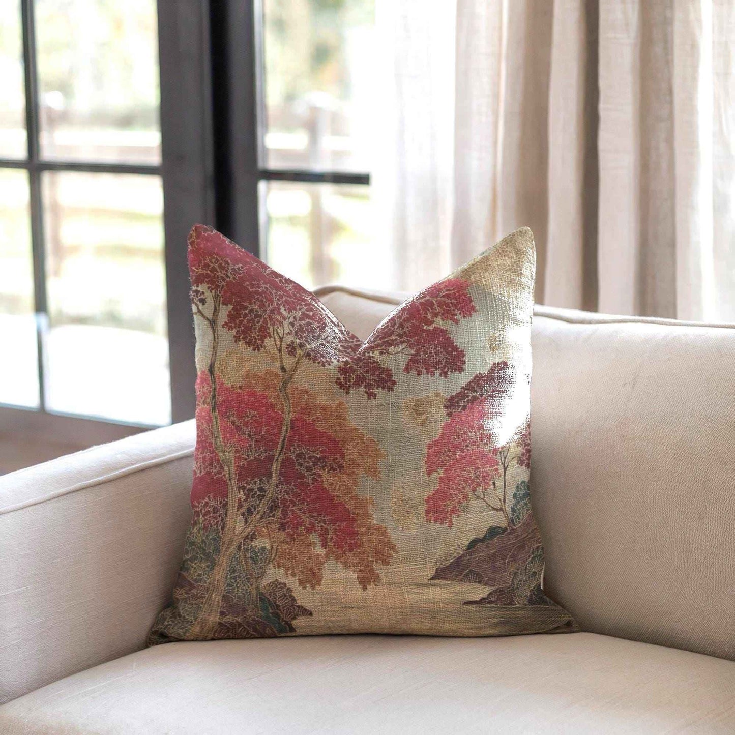 Modern Geometric throw pillow with geometric pattern styled on a sofa or bed