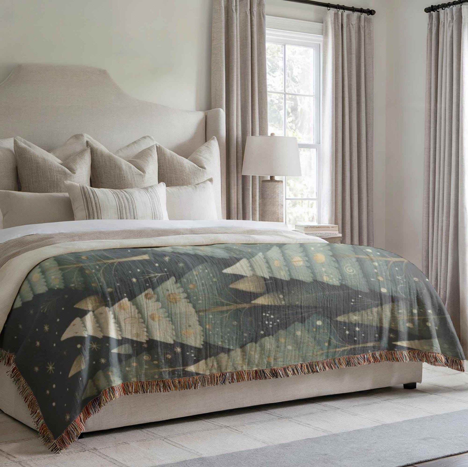 Festive Forest Blanket – Woven Cotton Throw with Xmas Tree Design, Cozy Winter Cover - timelessbohochic.com