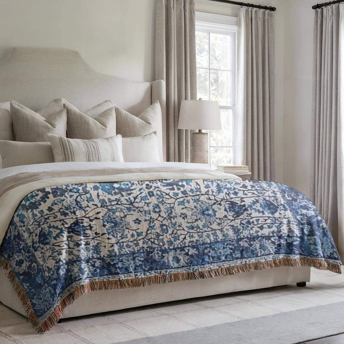 Caucasian Rug Inspired woven blanket with geometric pattern styled for layered home decor