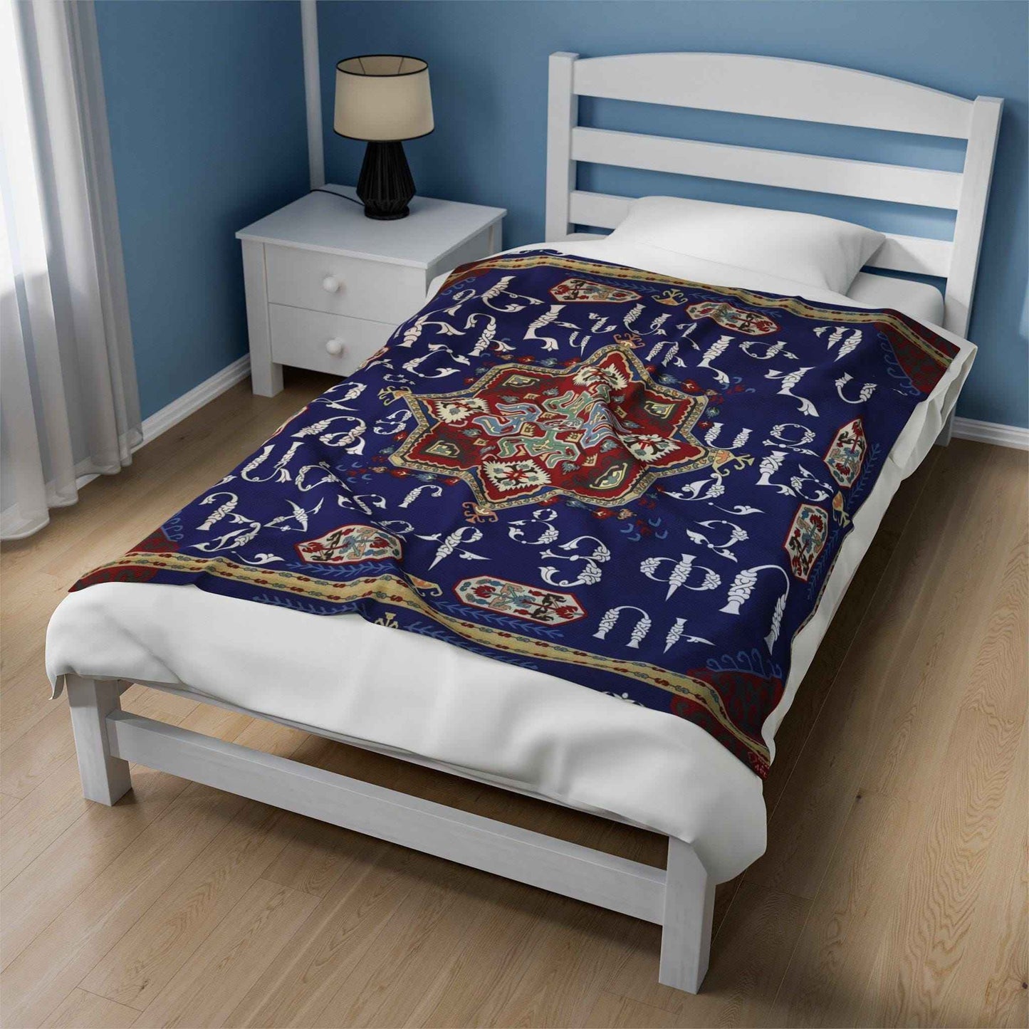 Boho woven blanket with woven pattern styled for layered home decor