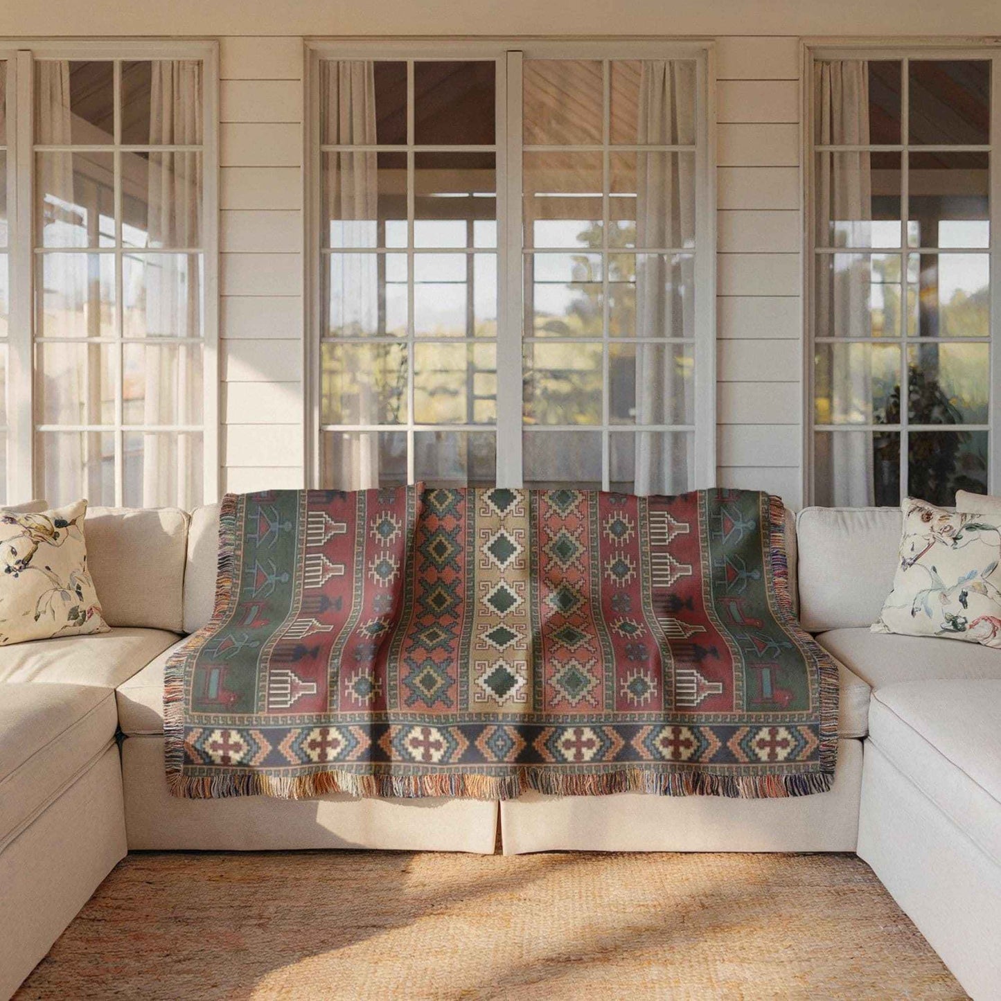 Southwestern woven wall tapestry with geometric pattern styled as textile wall decor