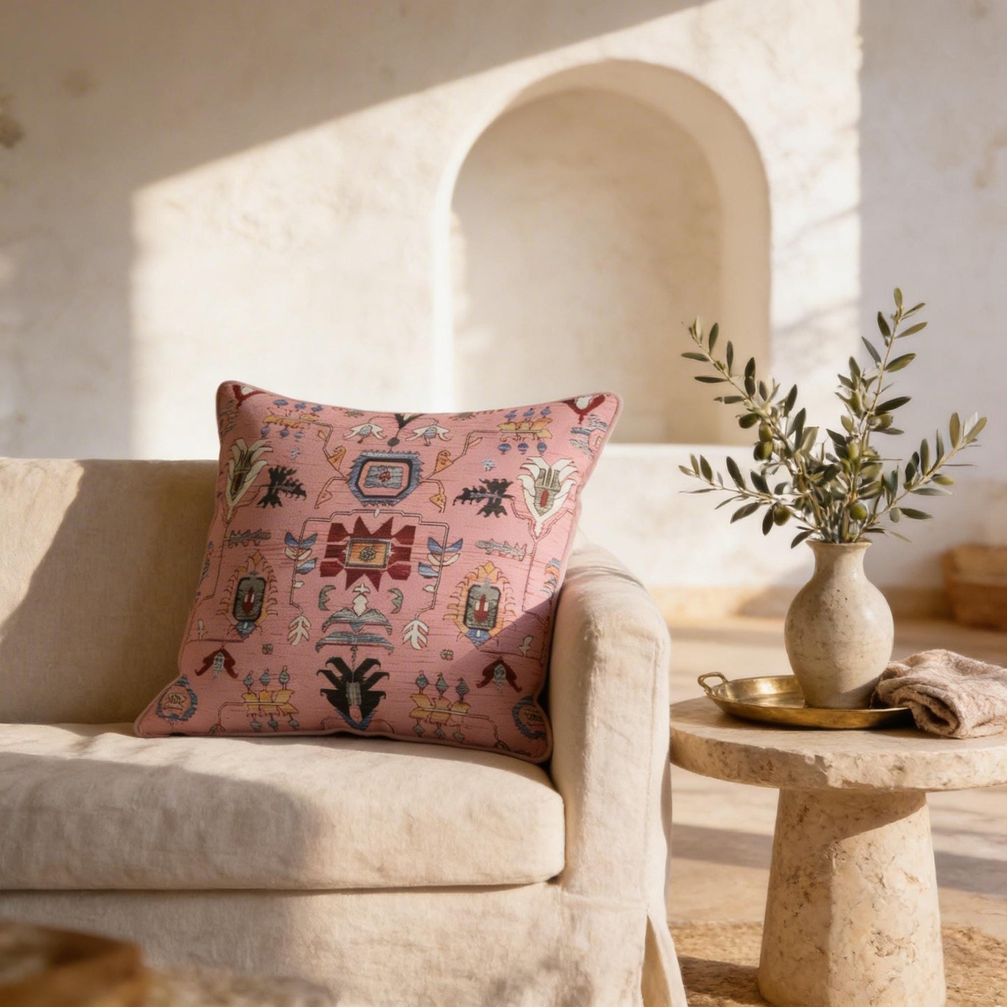 Anatolian Inspired pillow cover with rug-style pattern styled on a sofa or bed
