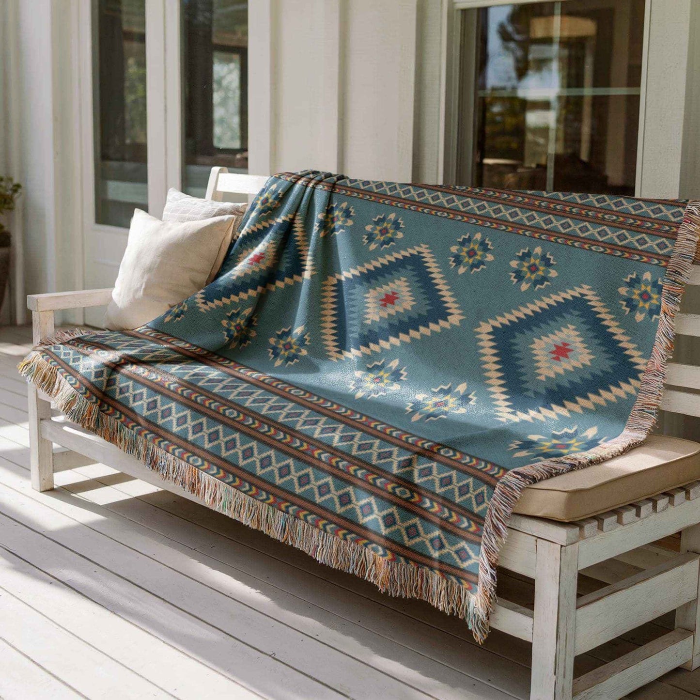 Southwestern outdoor woven throw blanket with geometric pattern for patio styling