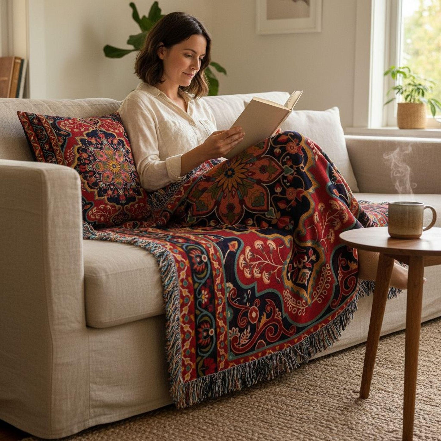 Anatolian Inspired throw pillow with rug-style pattern styled on a sofa or bed