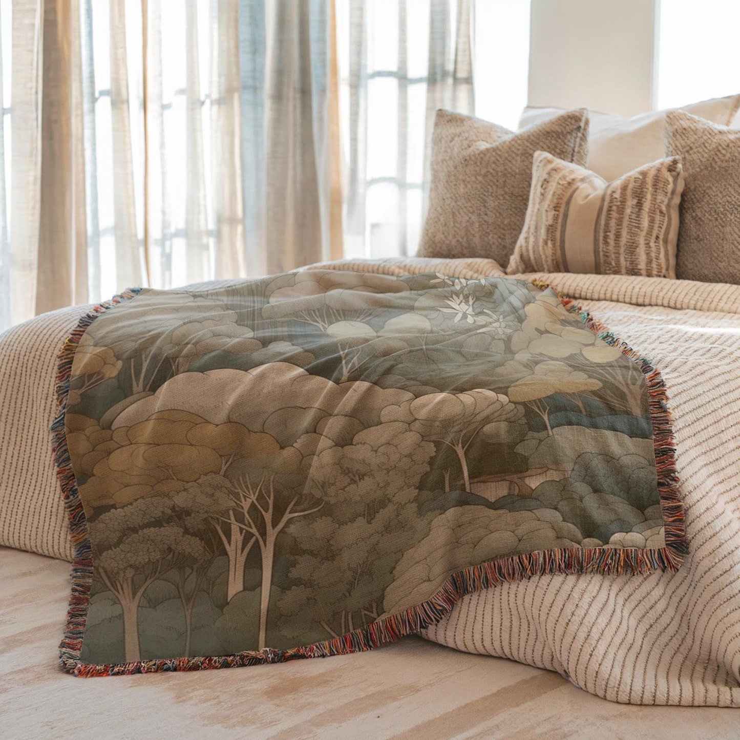 Scandinavian Inspired woven wall tapestry with woven pattern styled as textile wall decor