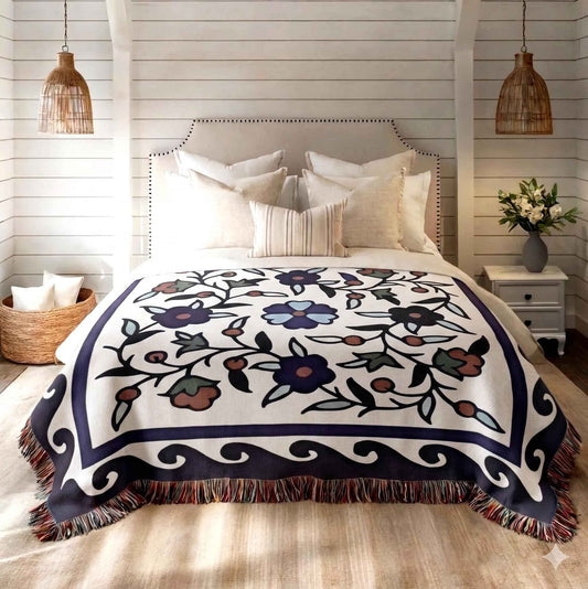 Anatolian Inspired woven blanket with woven pattern styled for layered home decor