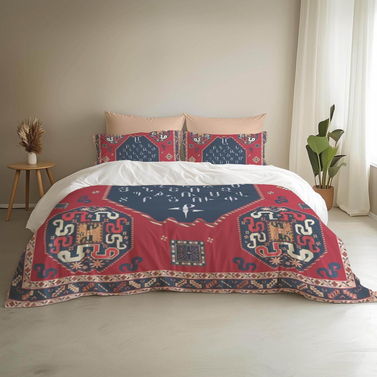 Armenian Alphabet Duvet - Personalized Traditional Bedding Set With Haykakan Ethnic Pattern - timelessbohochic.com