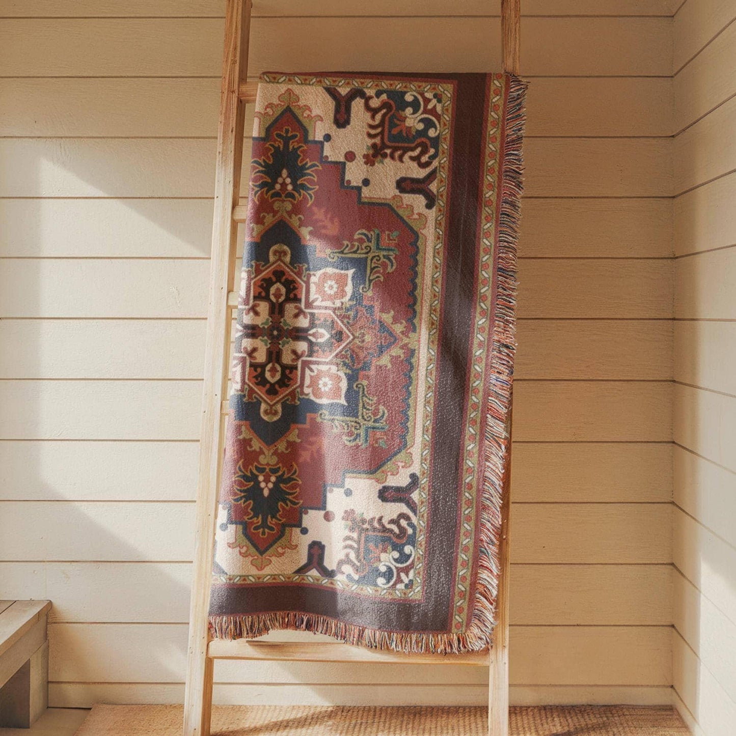 Moroccan Inspired woven wall tapestry with rug-style pattern styled as textile wall decor
