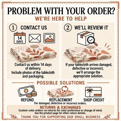 Order problem card: contact us within 14 days with photos for a refund, replacement or shop credit