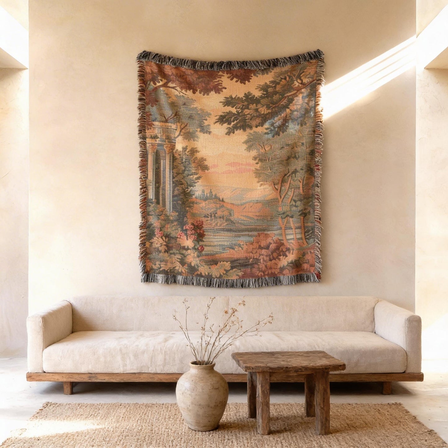 Modern Geometric woven blanket with geometric pattern styled for layered home decor