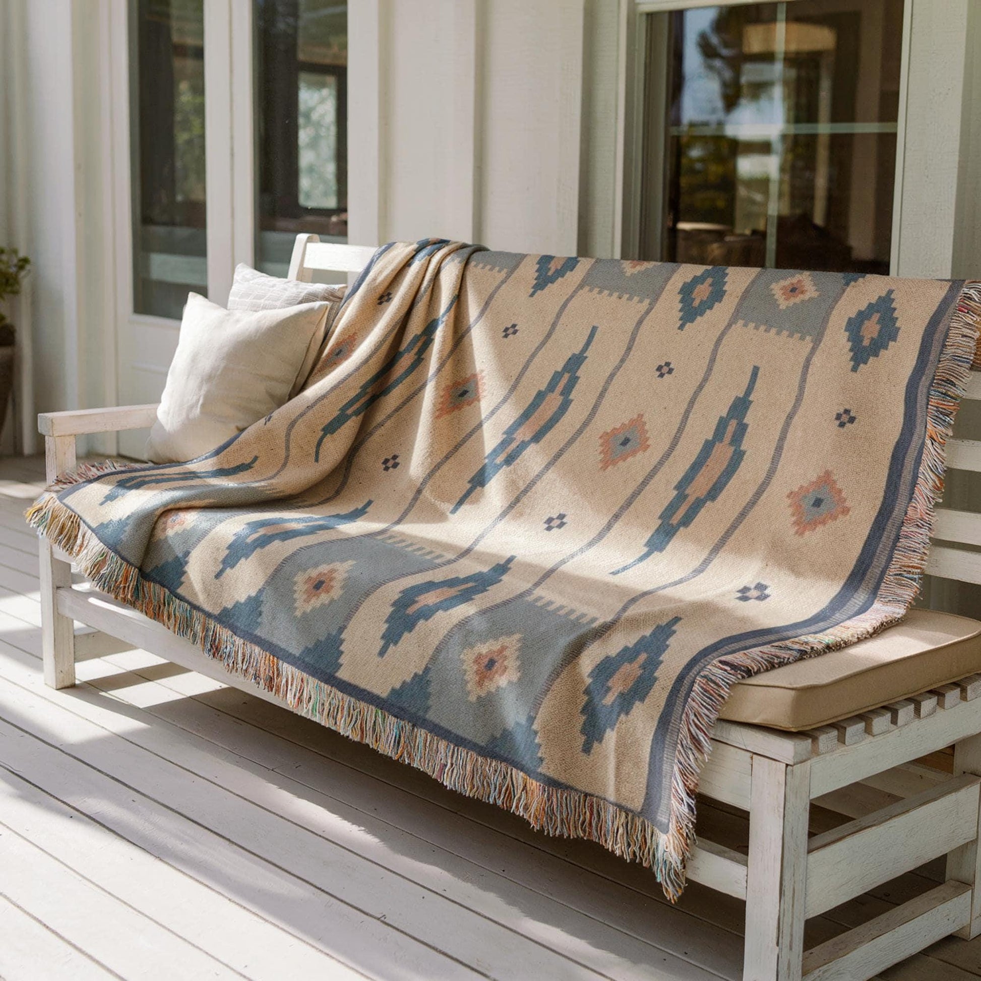 Woven Cotton Blanket – Summer Throw Blanket With Scandi Ethnic Pattern & Colorful Fringed Edges