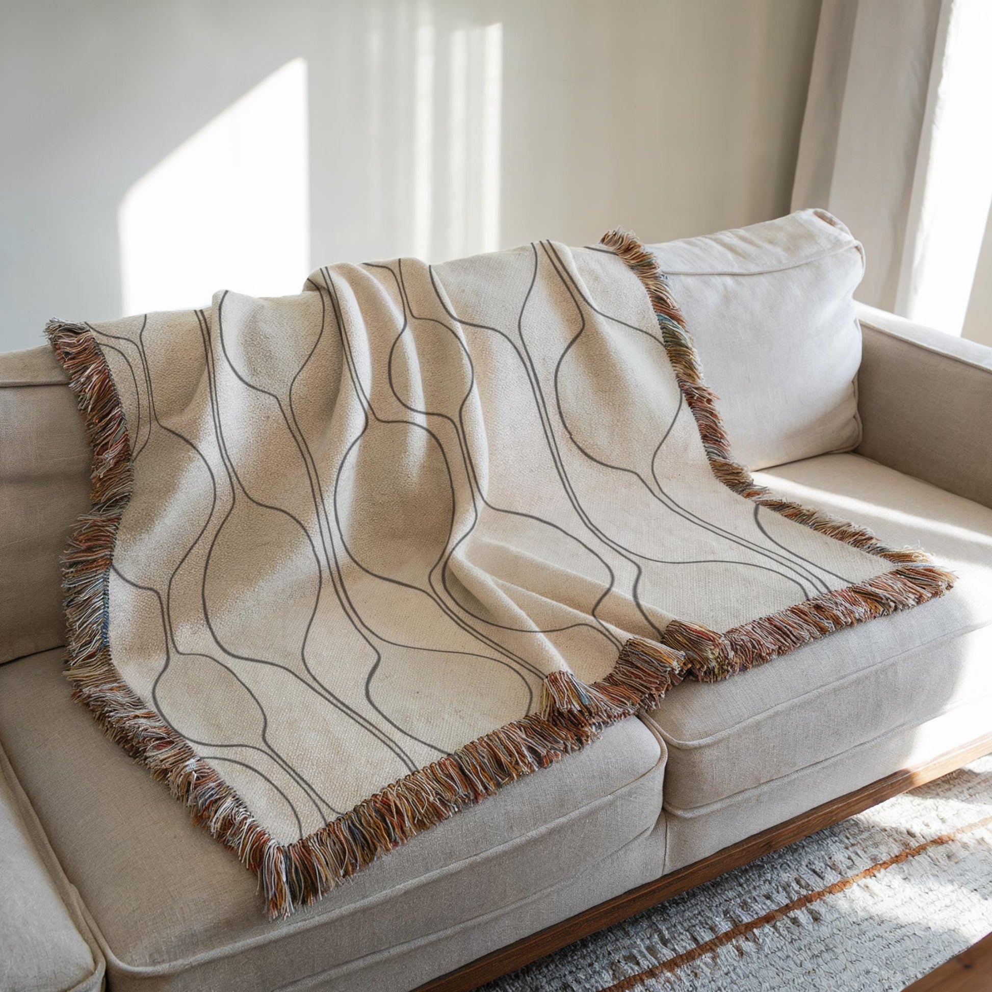 Mid Century Modern Throw - Woven Cotton Blanket With Geometric Pattern & Colorful Fringed Edges