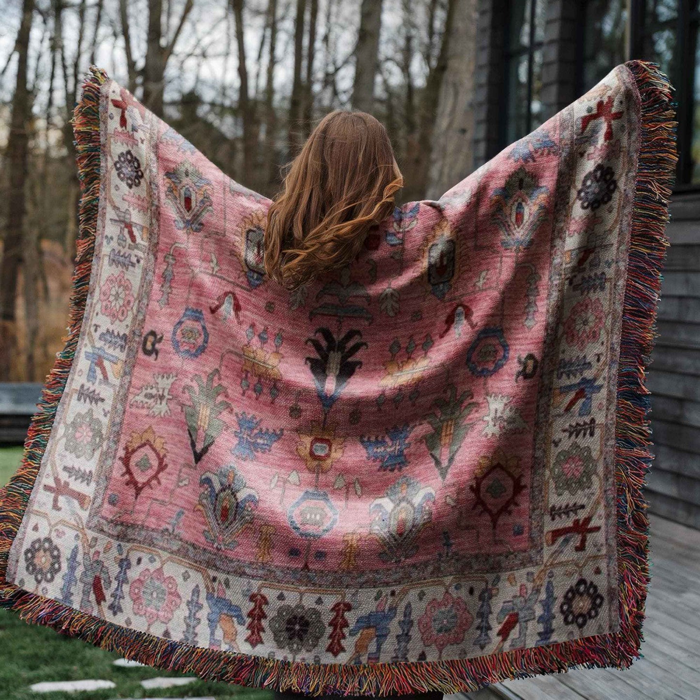 Anatolian Inspired outdoor woven throw blanket with rug-style pattern for patio styling