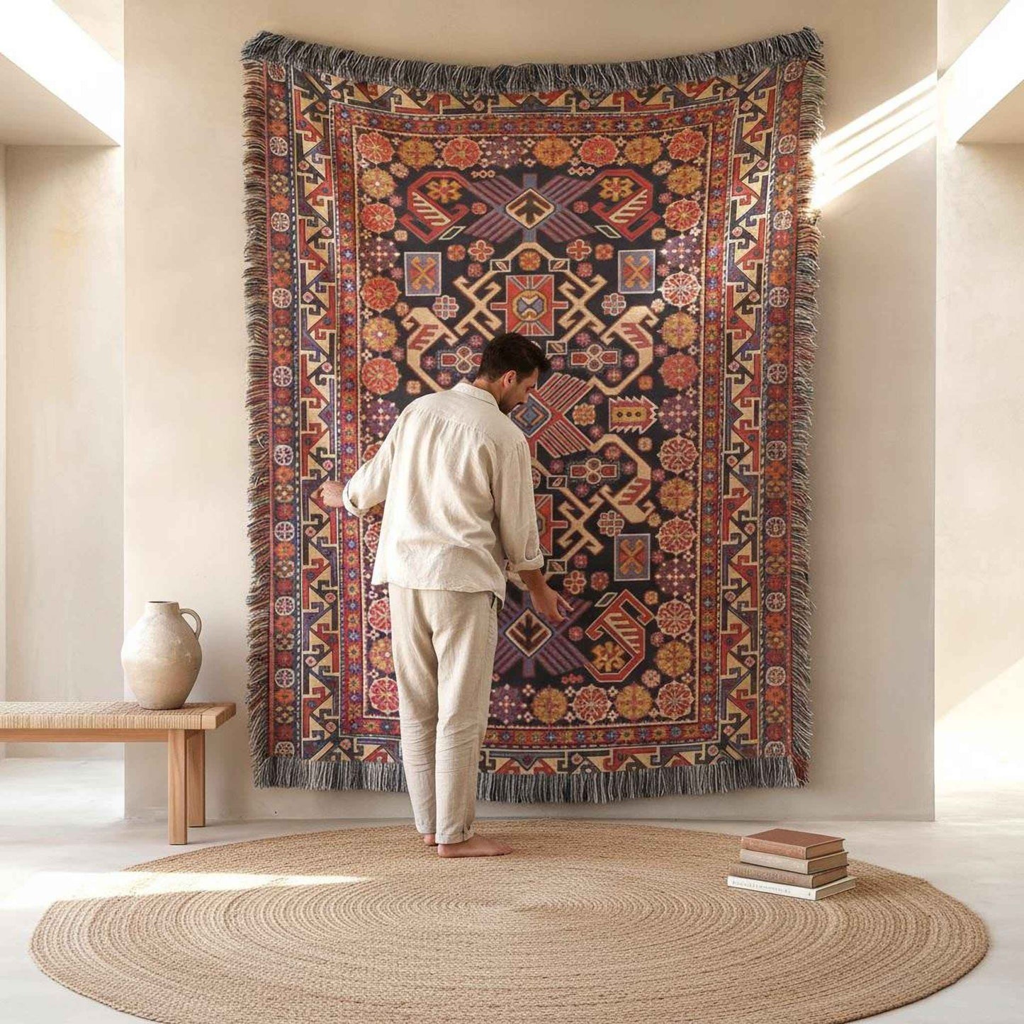 Anatolian Inspired woven wall tapestry with rug-style pattern styled as textile wall decor