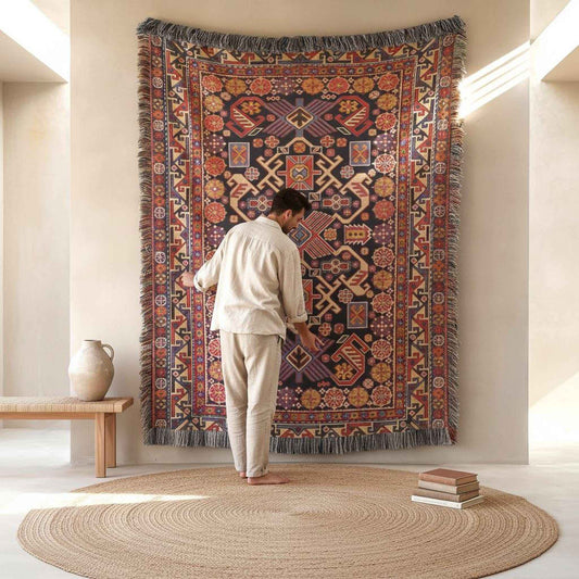 Anatolian Inspired woven wall tapestry with rug-style pattern styled as textile wall decor
