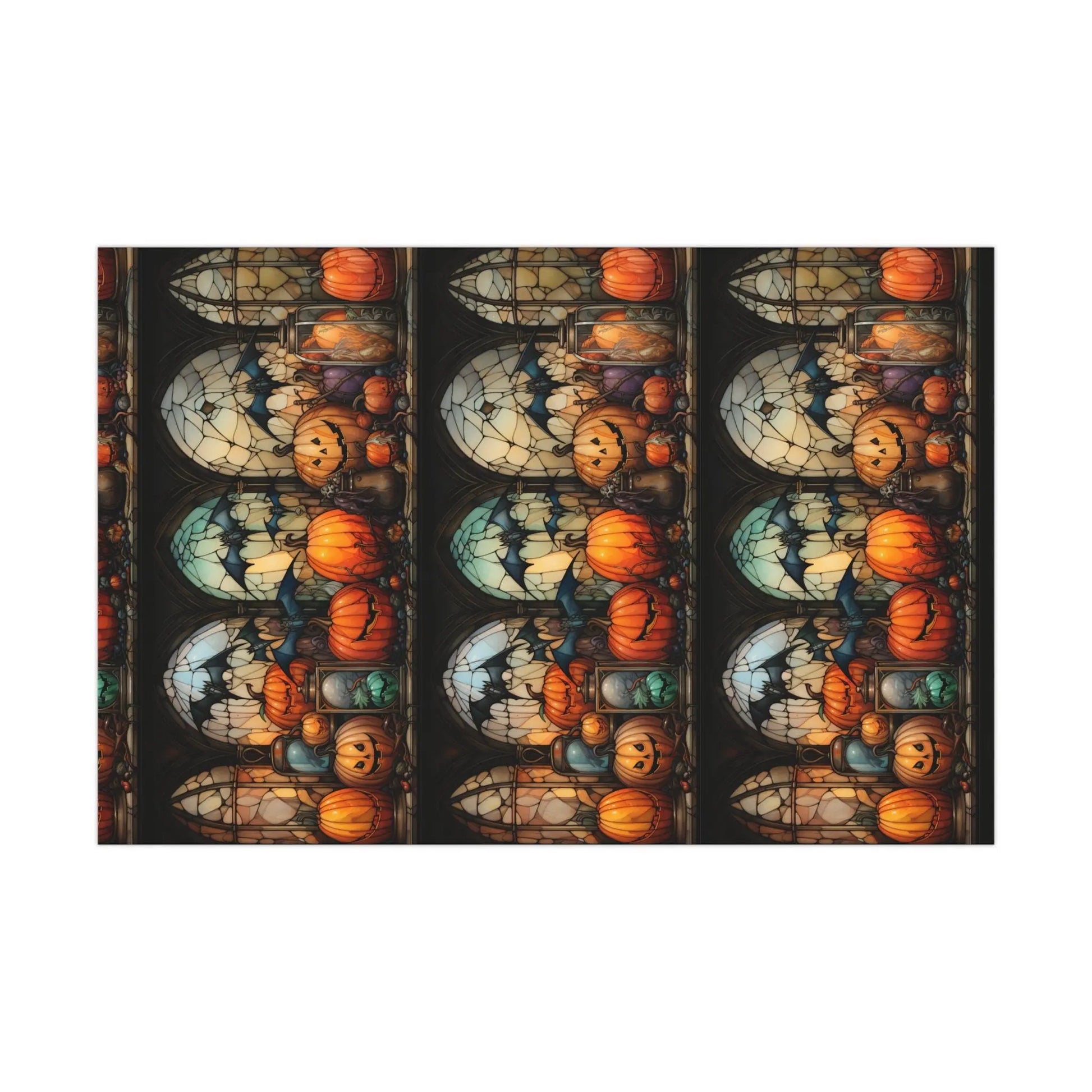 Halloween Gift Wrap Paper - Spooky Stain Glass Pumpkin & Creepy Bat Design