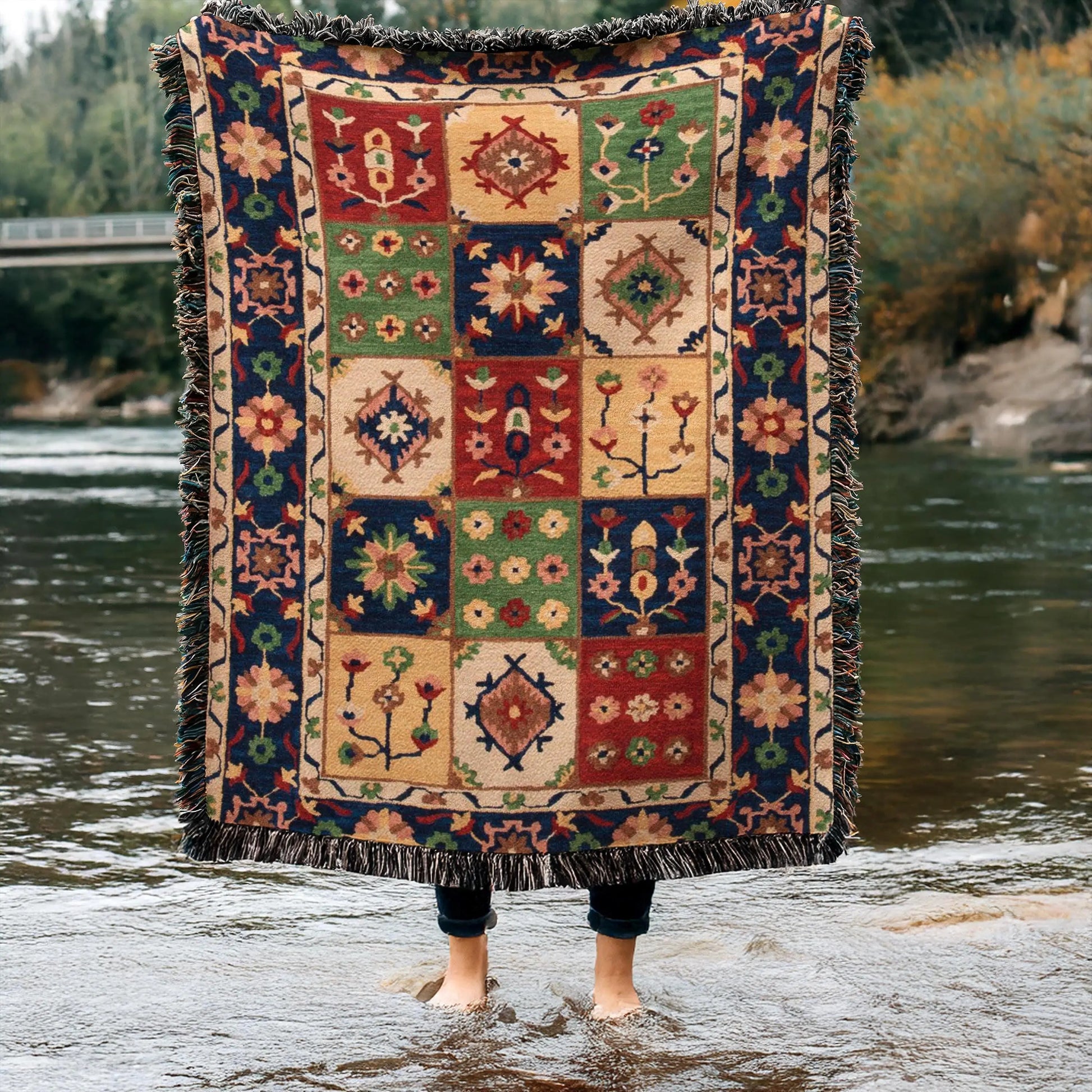 Checkered Turkish Throw - Floral Cotton Picnic Quilt | Cozy Patio Blanket