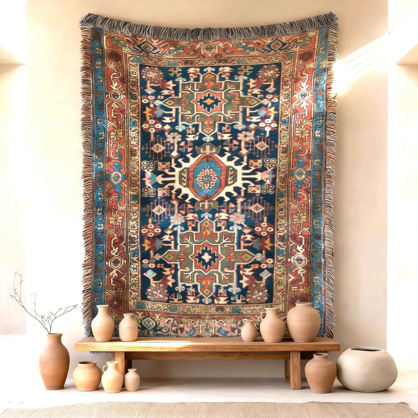 Anatolian Inspired woven wall tapestry with rug-style pattern styled as textile wall decor