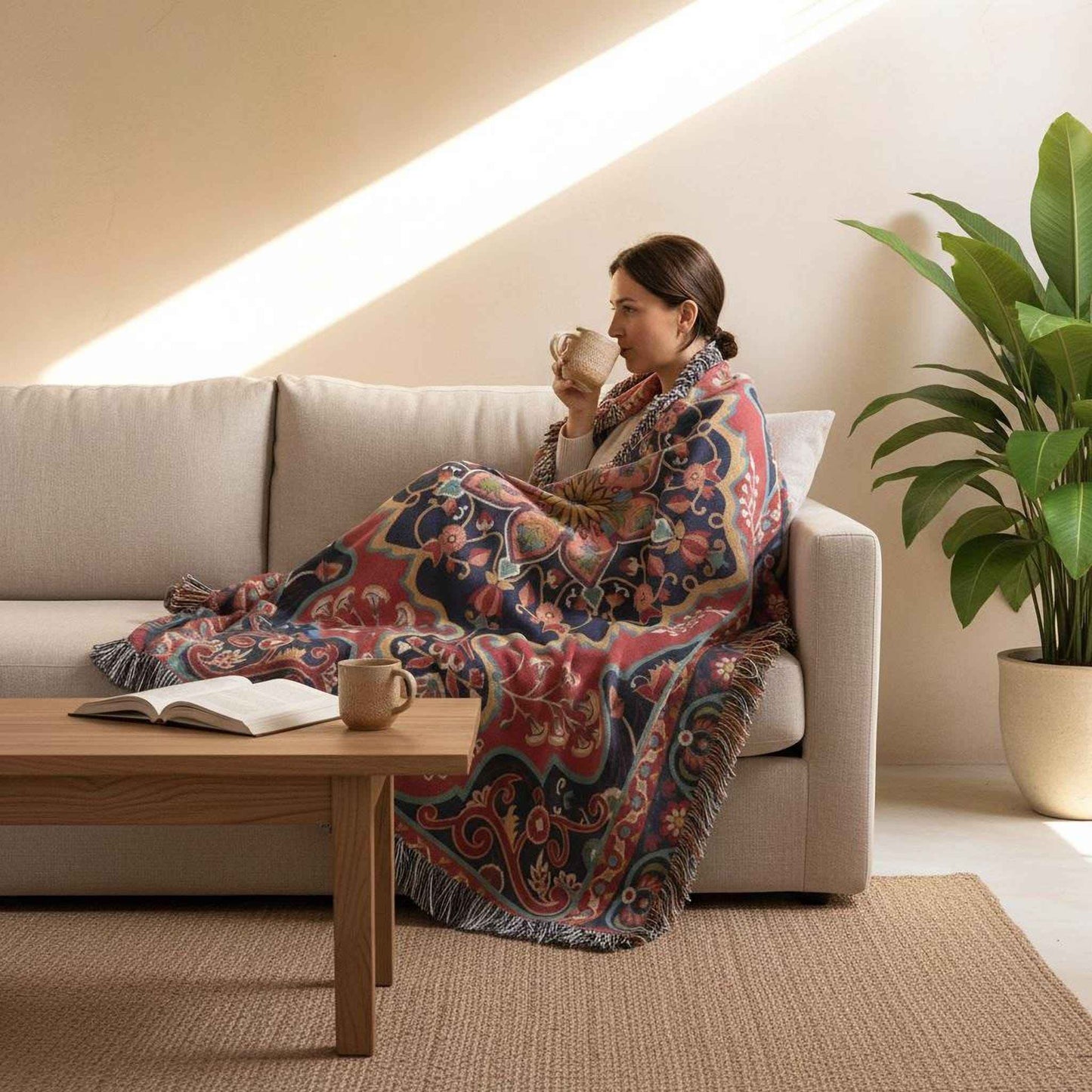 Anatolian Inspired outdoor woven throw blanket with rug-style pattern for patio styling