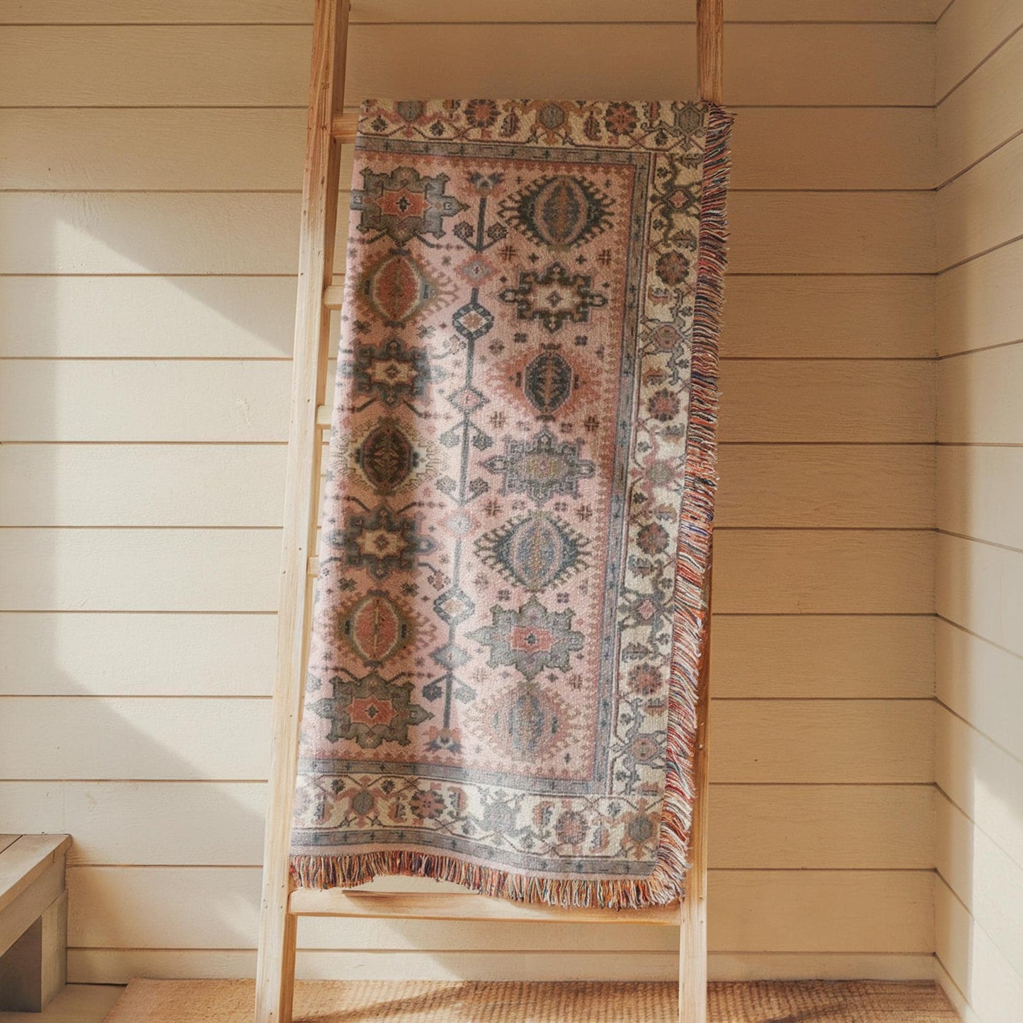 Caucasian Rug Inspired woven wall tapestry with geometric pattern styled as textile wall decor