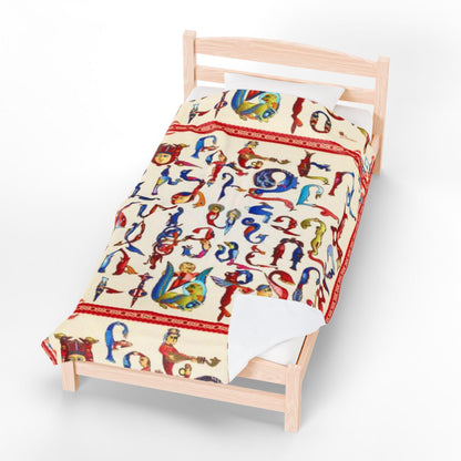 Armenian alphabet plush blanket with bird and animal letters on cream, patterned red border