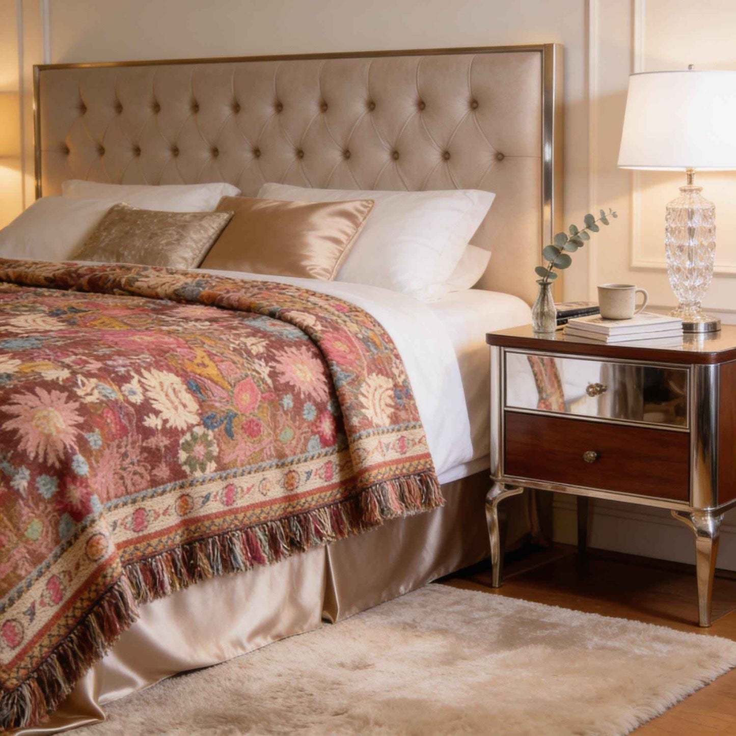 Anatolian Inspired woven blanket with rug-style pattern styled for layered home decor