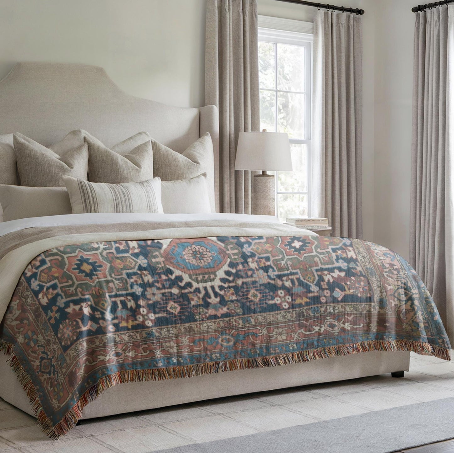 Anatolian Inspired woven blanket with rug-style pattern styled for layered home decor