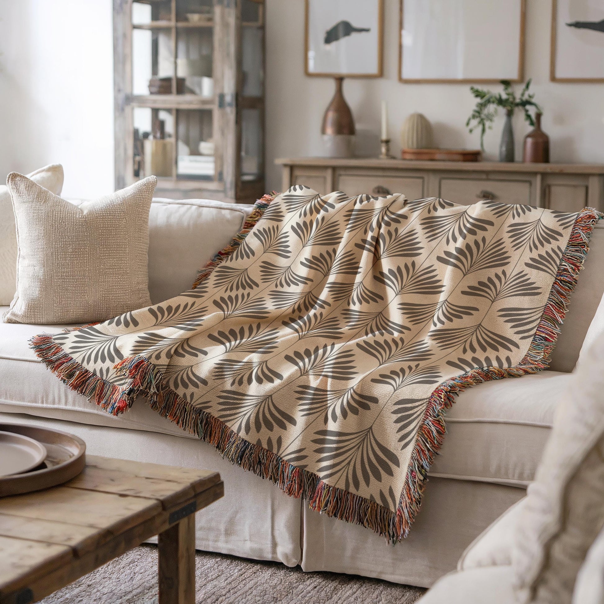 Modern Throw Blanket Set – Geometric Pattern Woven Cotton Blanket with Accent Pillows