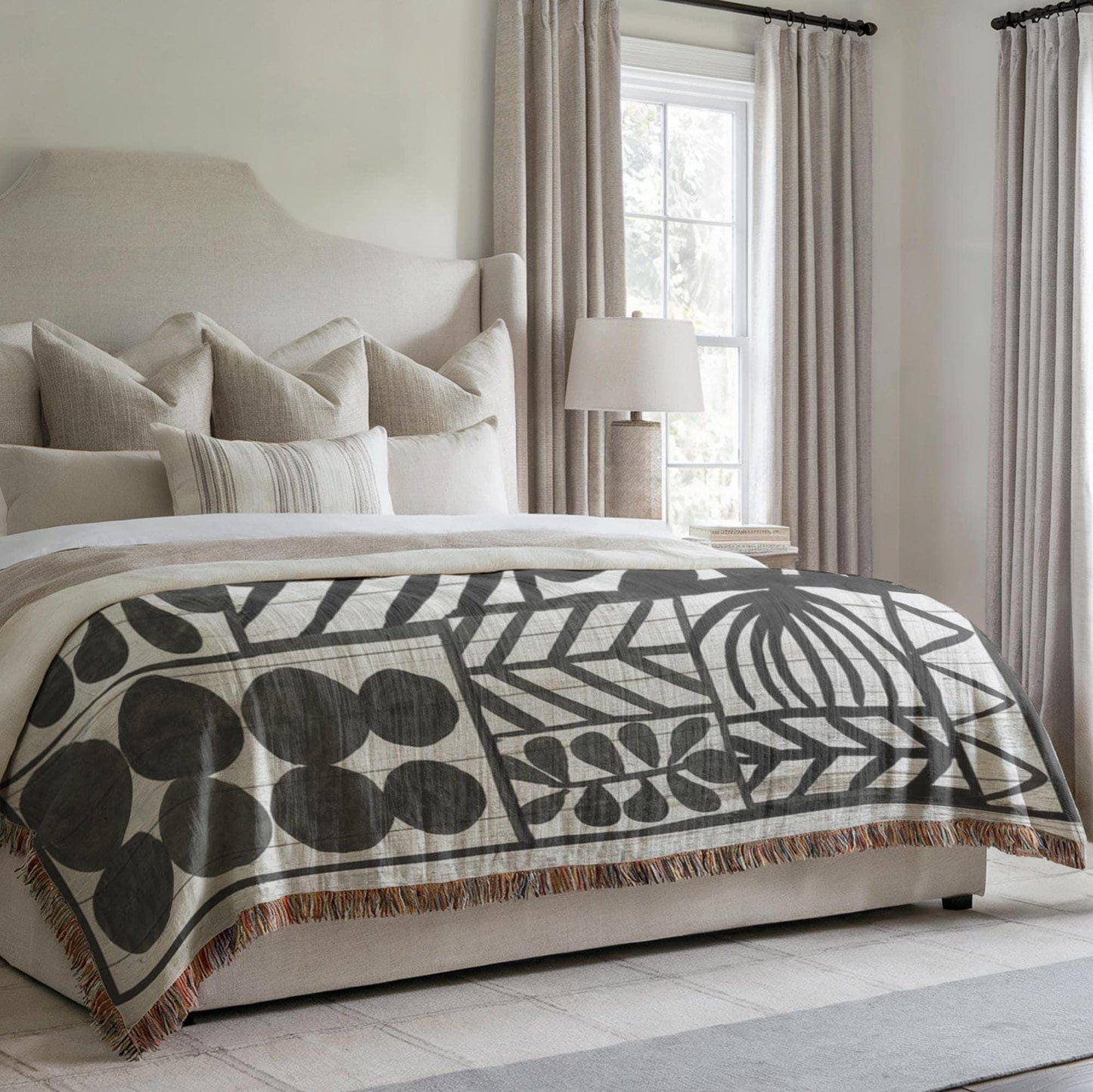 Modern Geometric woven blanket with geometric pattern styled for layered home decor