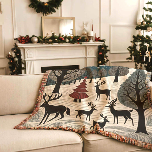 Holiday Couch Cover - Cozy Cotton Throw with Reindeer Blanket | Winter Forest Decor - timelessbohochic.com