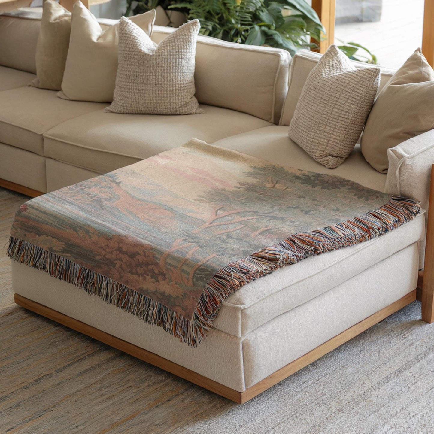 Modern Geometric woven blanket with geometric pattern styled for layered home decor