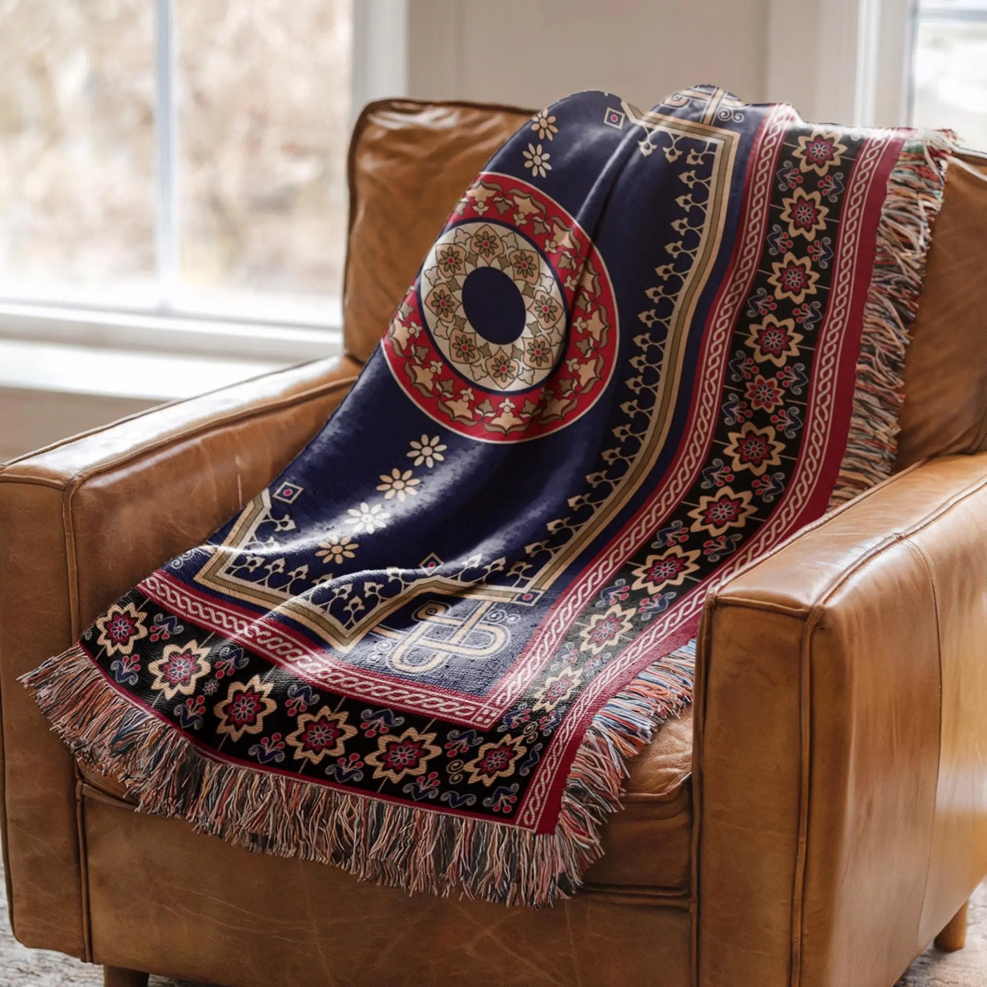 Woven Kilim Blanket - Bohemian Couch Throw With Persian Rug Pattern & Colorful Fringed Edges