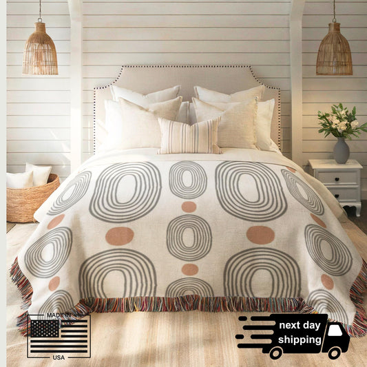 Woven Blanket - Black Oval Rust Dots Throw | Cozy Cotton Coverlet, Modern MCM Decor