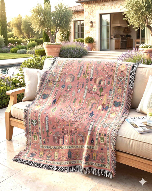 Anatolian Inspired outdoor woven throw blanket with rug-style pattern for patio styling