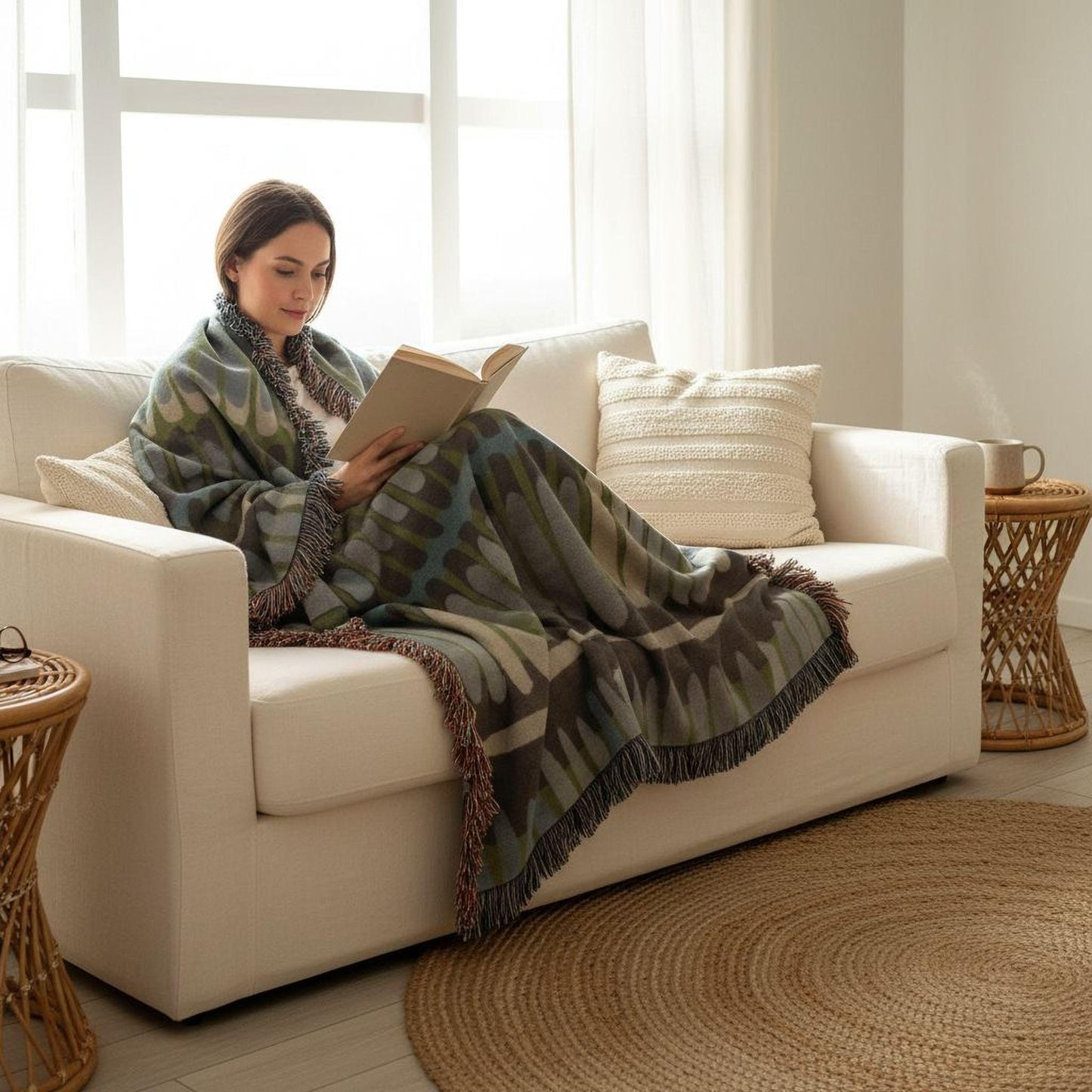 Modern Geometric woven blanket with geometric pattern styled for layered home decor