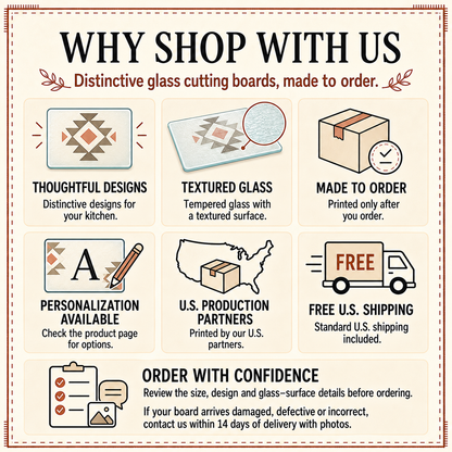 Why shop with us card: made to order, personalization, U.S. production partners, free U.S. shipping