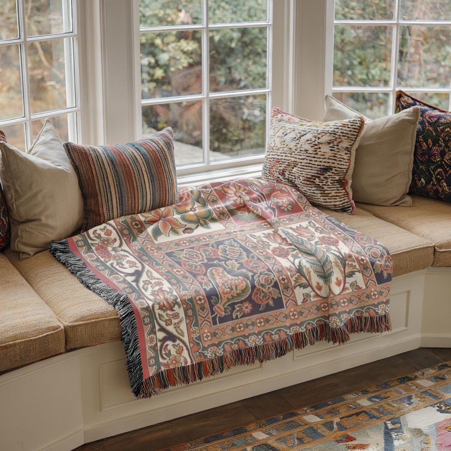 Anatolian Inspired woven blanket with floral pattern styled for layered home decor