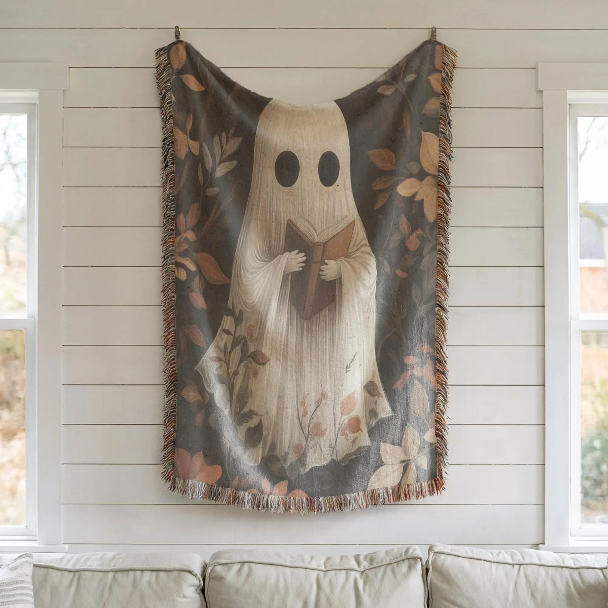 Cute Ghost Throw Blanket - Cozy Fall Cotton Woven Throw With Colorful Fringed Edges