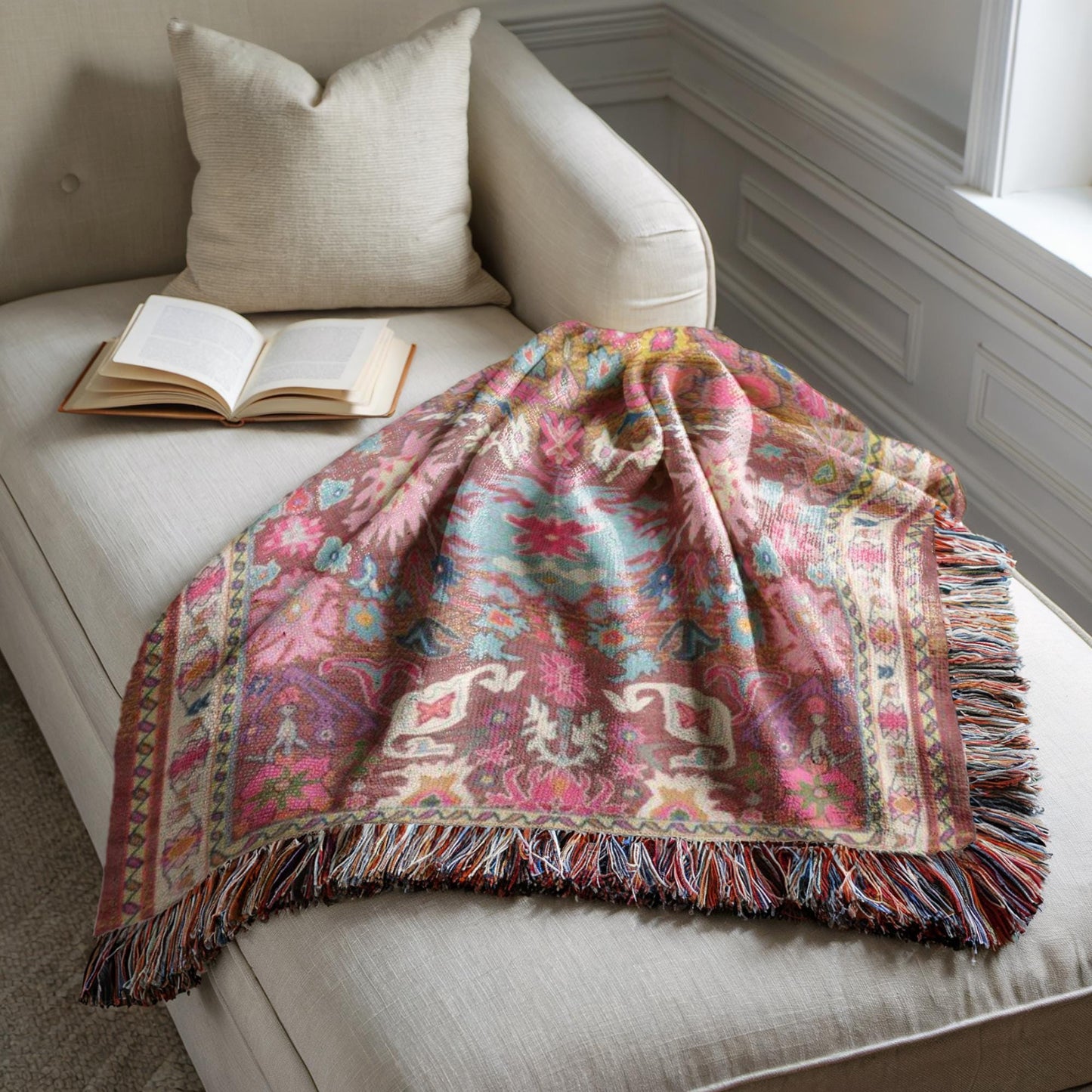 Boho woven blanket with rug-style pattern styled for layered home decor