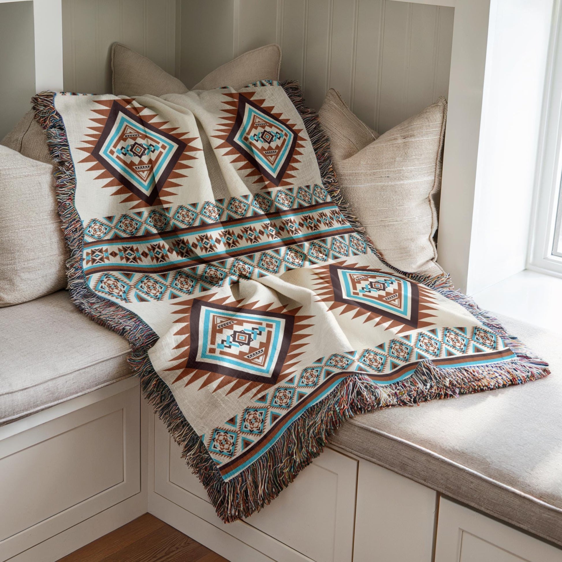 Southwest Native American Blanket - Cotton Woven Throw With Rustic Navajo Print