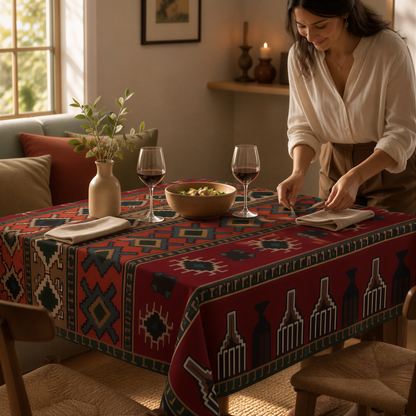 Armenian rug square tablecloth in deep red, a woman setting plates and glasses on the table