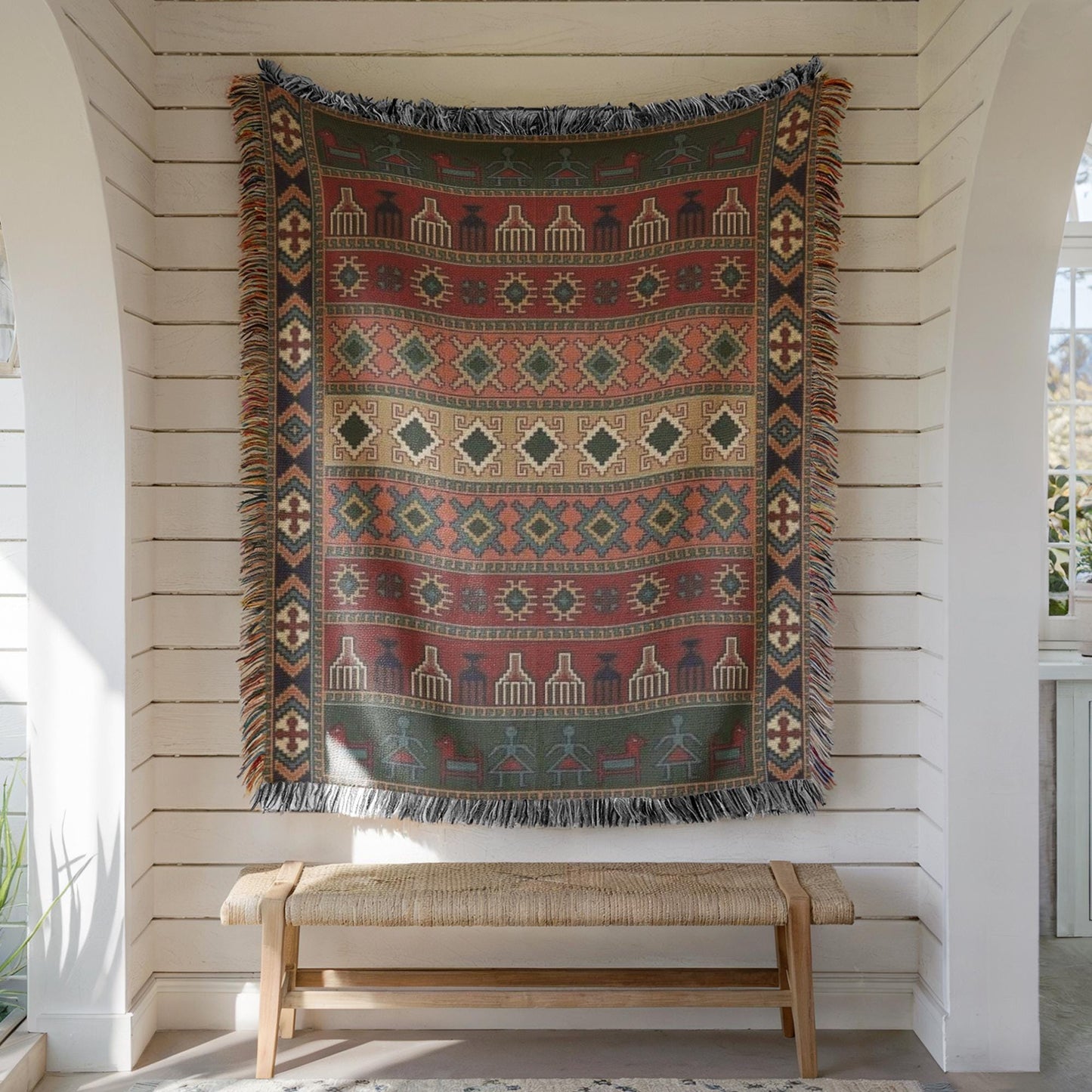 Southwestern woven wall tapestry with geometric pattern styled as textile wall decor