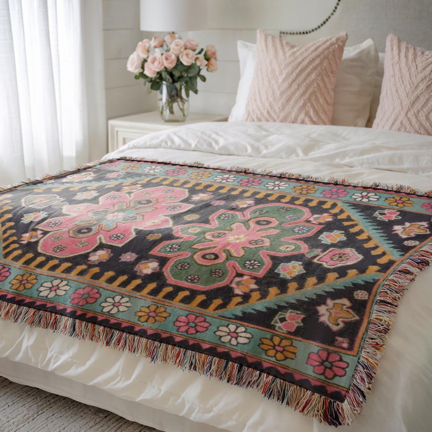 Anatolian Inspired woven blanket with floral pattern styled for layered home decor