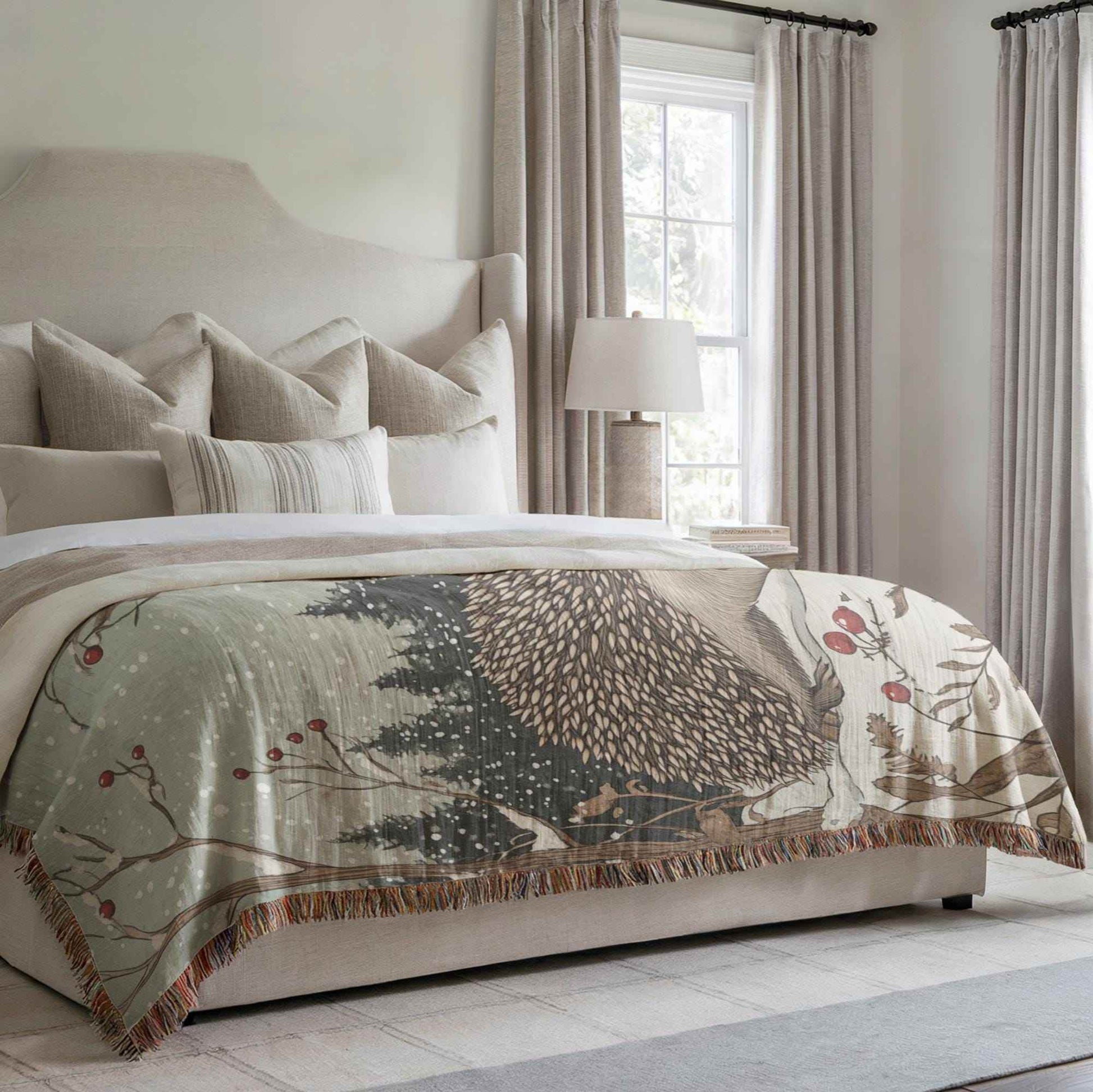 Hedgehog Bed Blanket – Cozy Cotton Throw with Festive Woodland Animal Design - timelessbohochic.com