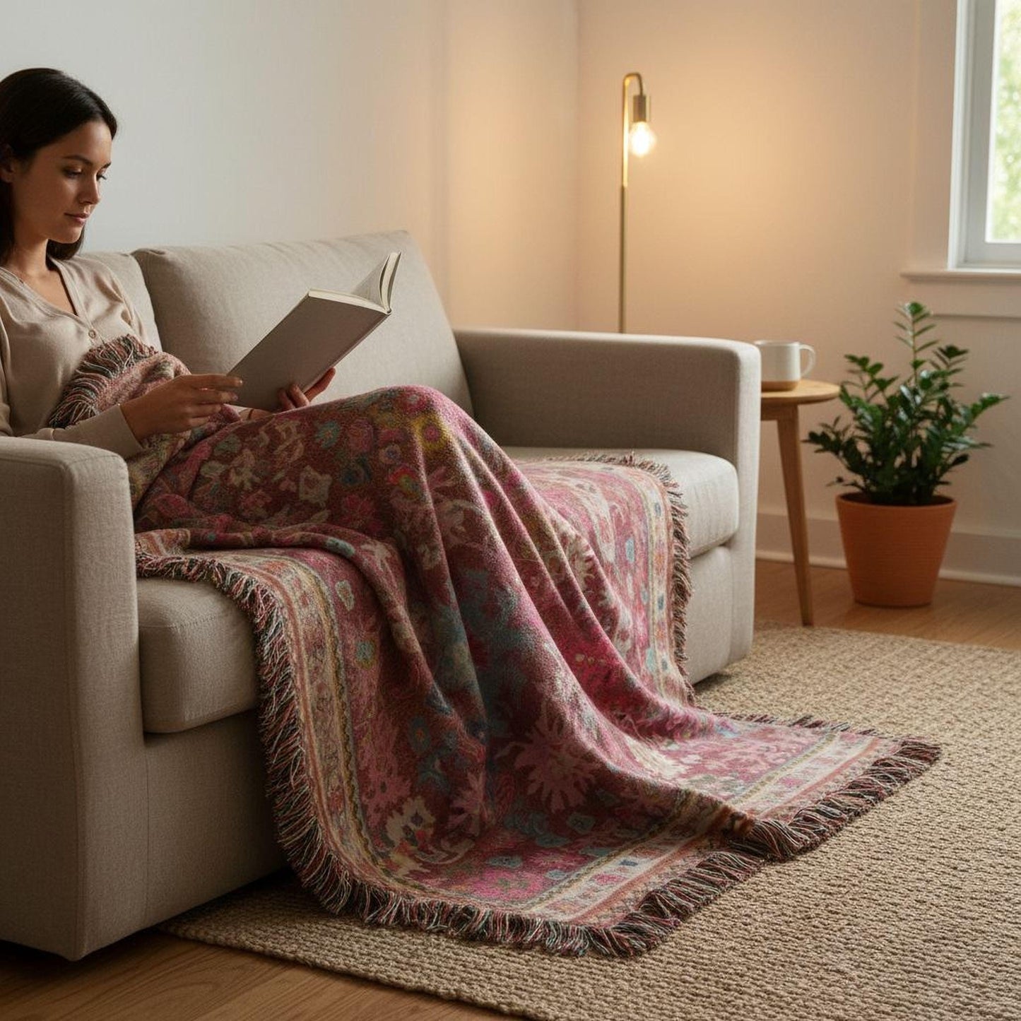 Caucasian Rug Inspired woven blanket with geometric pattern styled for layered home decor